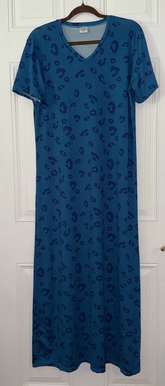 Real Essentials M Maxi Nightgown V Neck Short Sleeve Animal Print Blue Long